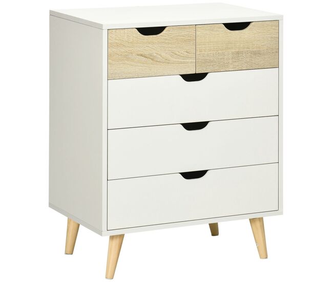 Homcom cómoda con 5 cajones, cómoda dormitorio con patas elevadas de madera, cajonera para salón, oficina, estilo nórdico, 60x40x77,5 cm, blanco y roble
