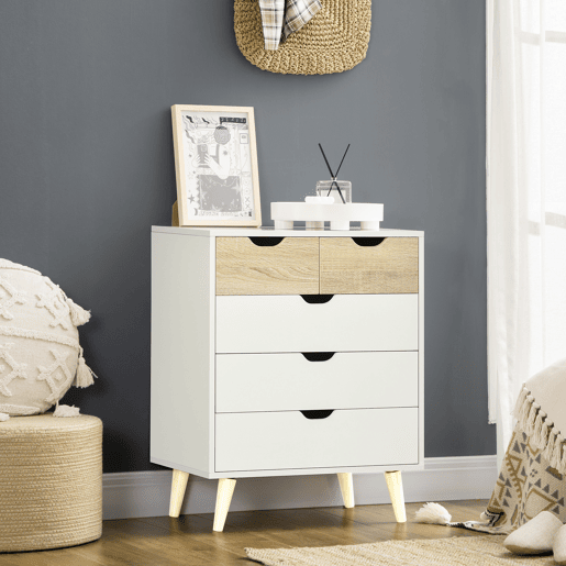 HOMCOM Cómoda com 5 Gavetas e Pés Elevados Cómoda para Dormitório Sala de Estar Estilo Moderno Anti-Tombo 60x40x77,5cm Madeira e Branco