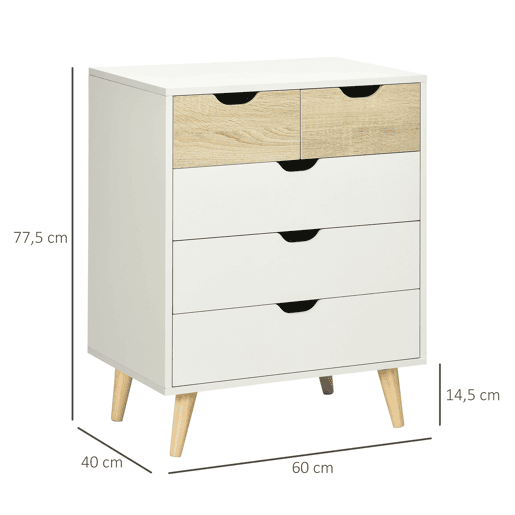 HOMCOM Cómoda com 5 Gavetas e Pés Elevados Cómoda para Dormitório Sala de Estar Estilo Moderno Anti-Tombo 60x40x77,5cm Madeira e Branco