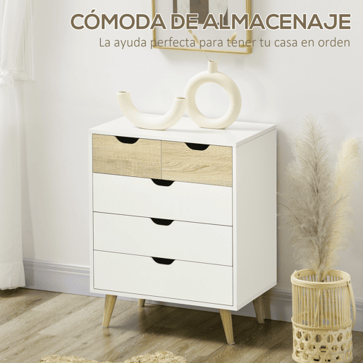 HOMCOM Cómoda com 5 Gavetas e Pés Elevados Cómoda para Dormitório Sala de Estar Estilo Moderno Anti-Tombo 60x40x77,5cm Madeira e Branco