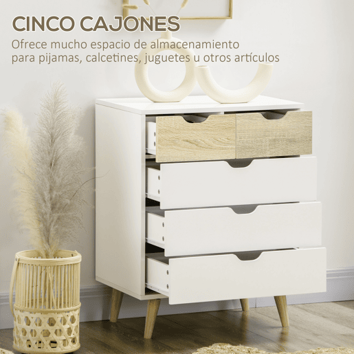 HOMCOM Cómoda com 5 Gavetas e Pés Elevados Cómoda para Dormitório Sala de Estar Estilo Moderno Anti-Tombo 60x40x77,5cm Madeira e Branco
