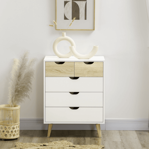 HOMCOM Cómoda com 5 Gavetas e Pés Elevados Cómoda para Dormitório Sala de Estar Estilo Moderno Anti-Tombo 60x40x77,5cm Madeira e Branco