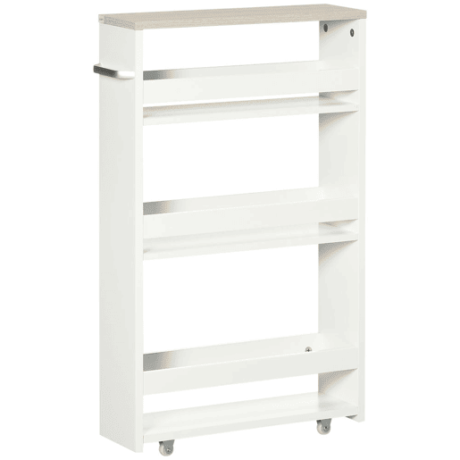 kleankin Carrinho Auxiliar Estreito com Rodas, 3 Níveis, Prateleiras, Tabuleiro e Pega, para Cozinha, Sala de Jantar, Casa de Banho, 48x15x80 cm, Branco