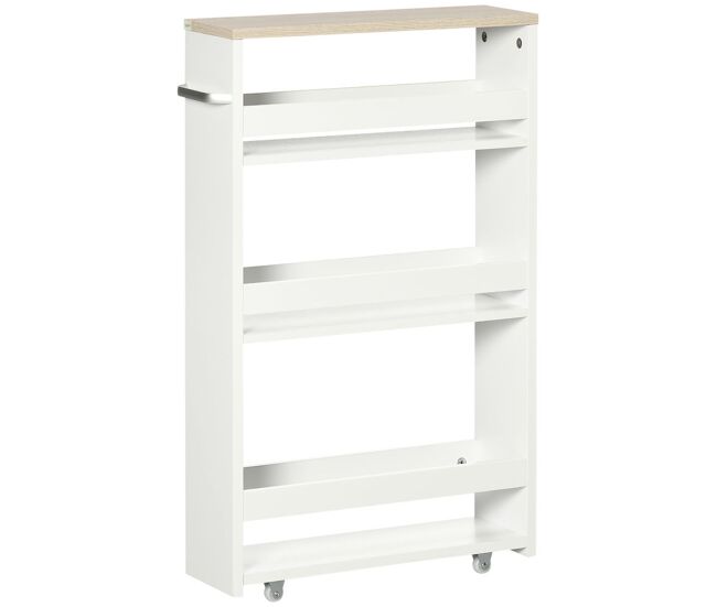 Kleankin carrito auxiliar con ruedas delgado de 3 niveles, carrito de cocina estrecho con 3 estantes, tablero y asa, para comedor, salón, baño, 48x15x80 cm, blanco