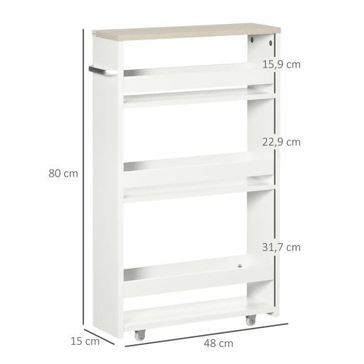kleankin Carrinho Auxiliar Estreito com Rodas, 3 Níveis, Prateleiras, Tabuleiro e Pega, para Cozinha, Sala de Jantar, Casa de Banho, 48x15x80 cm, Branco