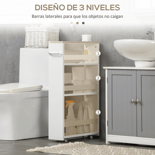 kleankin Carrinho Auxiliar Estreito com Rodas, 3 Níveis, Prateleiras, Tabuleiro e Pega, para Cozinha, Sala de Jantar, Casa de Banho, 48x15x80 cm, Branco