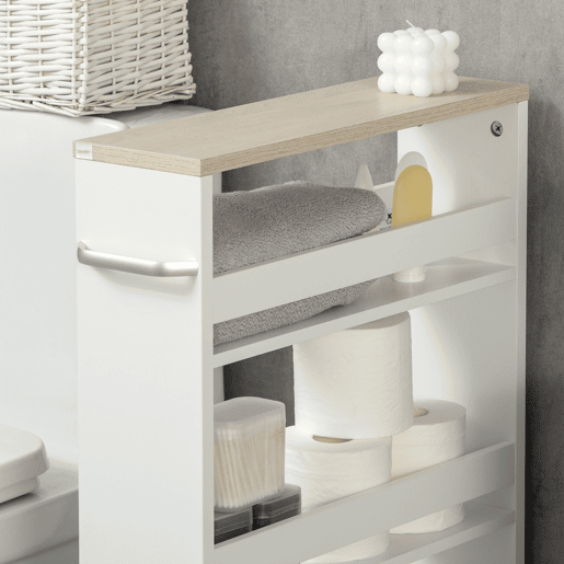kleankin Carrinho Auxiliar Estreito com Rodas, 3 Níveis, Prateleiras, Tabuleiro e Pega, para Cozinha, Sala de Jantar, Casa de Banho, 48x15x80 cm, Branco