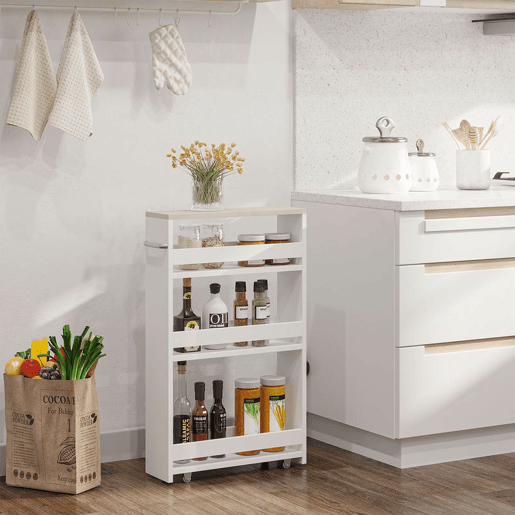 kleankin Carrinho Auxiliar Estreito com Rodas, 3 Níveis, Prateleiras, Tabuleiro e Pega, para Cozinha, Sala de Jantar, Casa de Banho, 48x15x80 cm, Branco