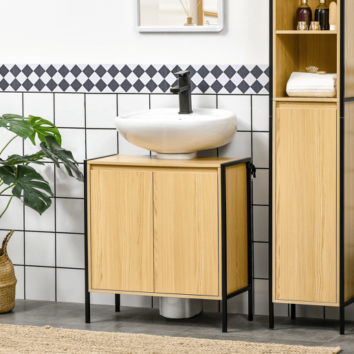 kleankin Móvel para Lavatório Pousar Armário Casa de Banho de Madeira com 2 Portas e Prateleira Interior Ajustável Estilo Industrial Anti-Tombo 60x30x62,5cm Madeira e Preto