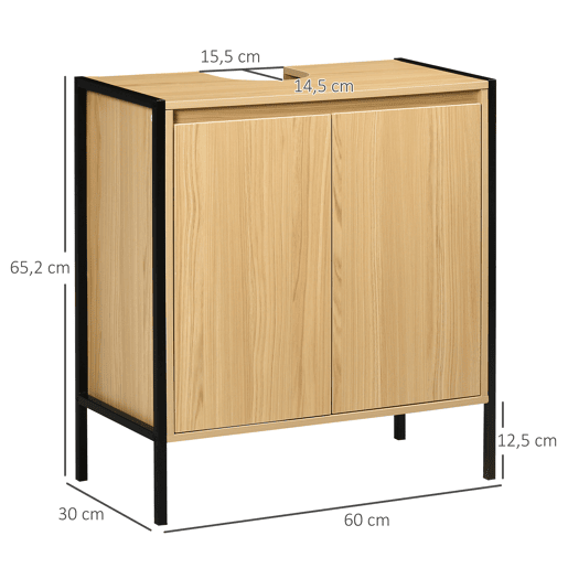 kleankin Móvel para Lavatório Pousar Armário Casa de Banho de Madeira com 2 Portas e Prateleira Interior Ajustável Estilo Industrial Anti-Tombo 60x30x62,5cm Madeira e Preto