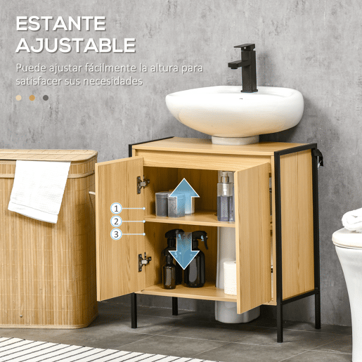kleankin Móvel para Lavatório Pousar Armário Casa de Banho de Madeira com 2 Portas e Prateleira Interior Ajustável Estilo Industrial Anti-Tombo 60x30x62,5cm Madeira e Preto