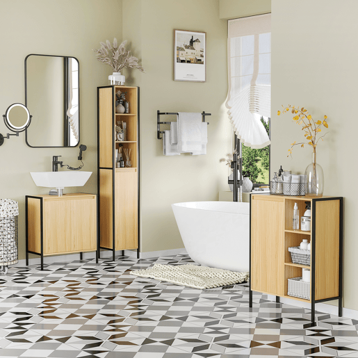 kleankin Móvel para Lavatório Pousar Armário Casa de Banho de Madeira com 2 Portas e Prateleira Interior Ajustável Estilo Industrial Anti-Tombo 60x30x62,5cm Madeira e Preto