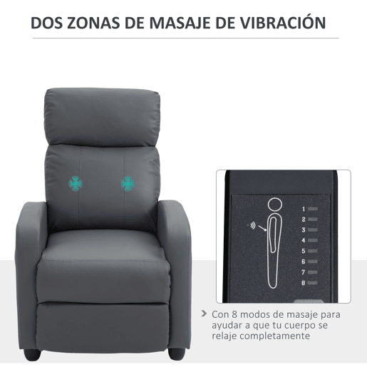 HOMCOM Poltrona de Massagem Poltrona Relax Reclinável com 2 Zonas de Massagem 8 Programas 5 Níveis de Intensidade e Controlo Remoto Estofada em PU 68x88x98 cm Cinzento