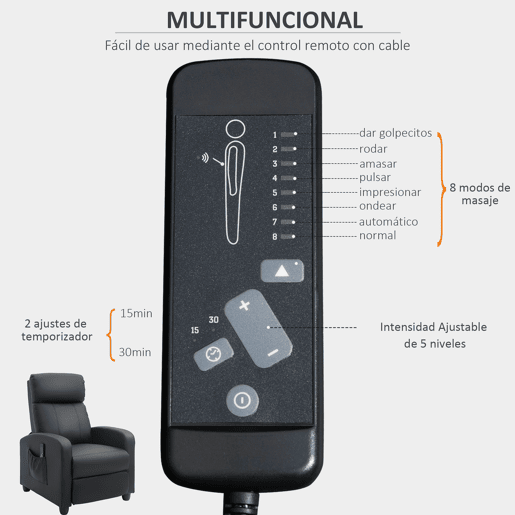 HOMCOM Poltrona de Massagem Poltrona Relax Reclinável com 2 Zonas de Massagem 8 Programas 5 Níveis de Intensidade e Controlo Remoto Estofada em PU 68x88x98 cm Cinzento