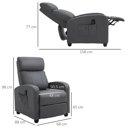 HOMCOM Poltrona de Massagem Poltrona Relax Reclinável com 2 Zonas de Massagem 8 Programas 5 Níveis de Intensidade e Controlo Remoto Estofada em PU 68x88x98 cm Cinzento