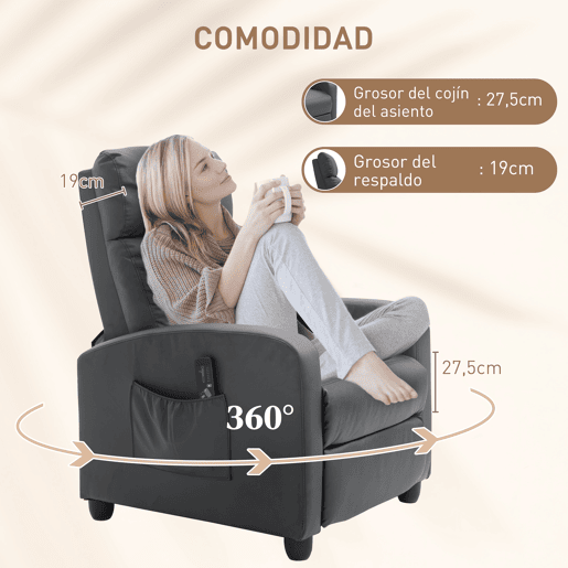 HOMCOM Poltrona de Massagem Poltrona Relax Reclinável com 2 Zonas de Massagem 8 Programas 5 Níveis de Intensidade e Controlo Remoto Estofada em PU 68x88x98 cm Cinzento