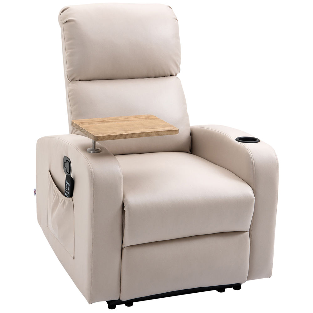 Homcom sillón de masaje con 8 puntos de masaje sillón relax eléctrico sofá relax con 4 modos reclinación 145° mando a distancia mesita 2 bolsillos laterales y posavasos 77x93x105 cm beige