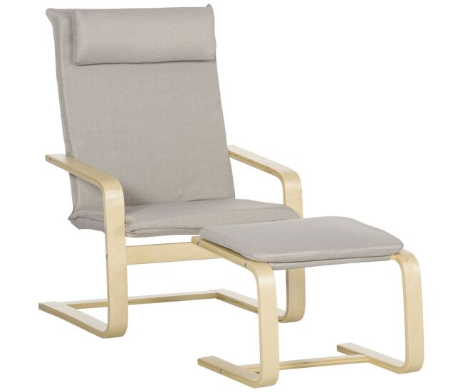 Homcom sillón con reposapiés sillón lectura con respaldo alto reposacabezas extraíble patas de madera y tapizado en lino butaca para salón dormitorio