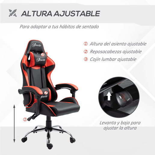 Vinsetto Cadeira Gaming Ergonômica Cadeira para Videojogos Reclinável com Altura Regulável Apoio para a Cabeça e Almofada Lombar 63x67x119-127cm Vermelho e Preto