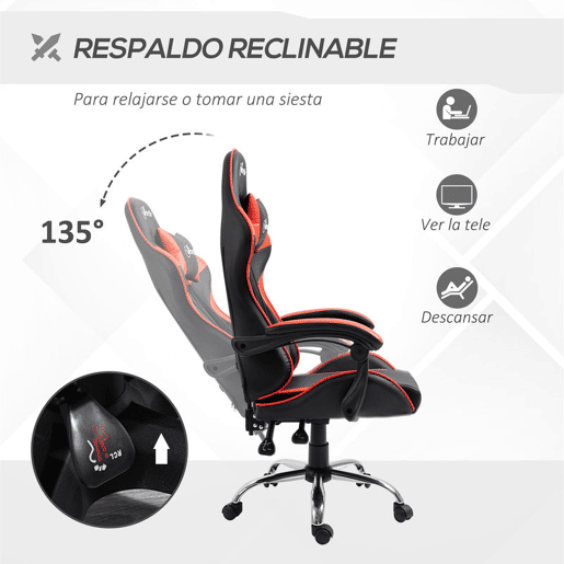 Vinsetto Cadeira Gaming Ergonômica Cadeira para Videojogos Reclinável com Altura Regulável Apoio para a Cabeça e Almofada Lombar 63x67x119-127cm Vermelho e Preto