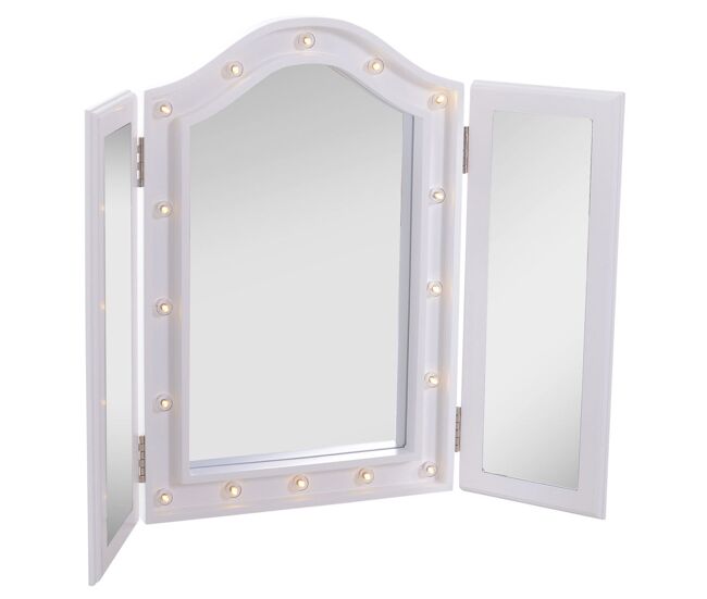 Homcom espejo de maquillaje con luz led plegable espejo triple de mesa regalo original para mujer cargo con batería espejo cosmético con iluminación 73x53.5x4.5cm