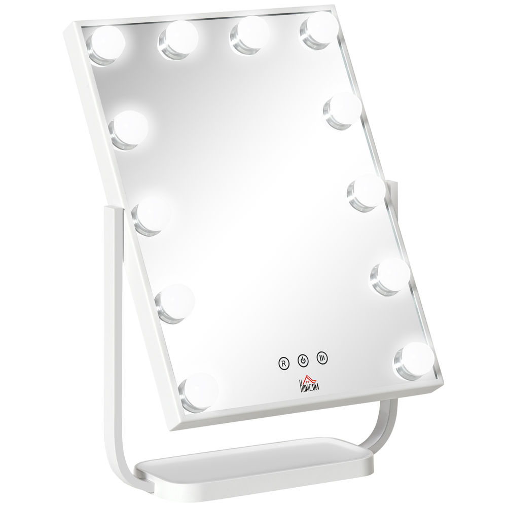 Homcom espejo de maquillaje con luz espejo hollywood de mesa con 12 led 3 modos y luz ajustable pantalla táctil y función de memoria para dormitorio baño 32,8x11x47,4 cm blanco