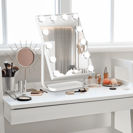 HOMCOM Espelho de Maquilhagem Espelho de Mesa com 12 Luzes LED 3 Temperaturas de Cores Ecrã Tátil Ajustável e Função de Memória para Dormitório Casa de Banho 32,8x11x47,4cm Branco