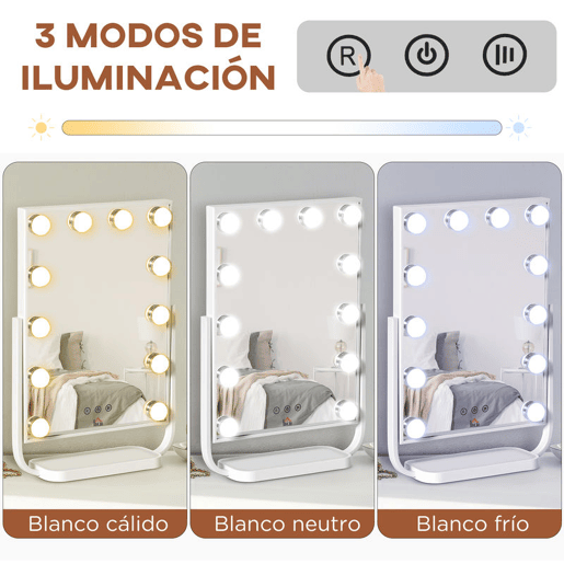 HOMCOM Espelho de Maquilhagem Espelho de Mesa com 12 Luzes LED 3 Temperaturas de Cores Ecrã Tátil Ajustável e Função de Memória para Dormitório Casa de Banho 32,8x11x47,4cm Branco