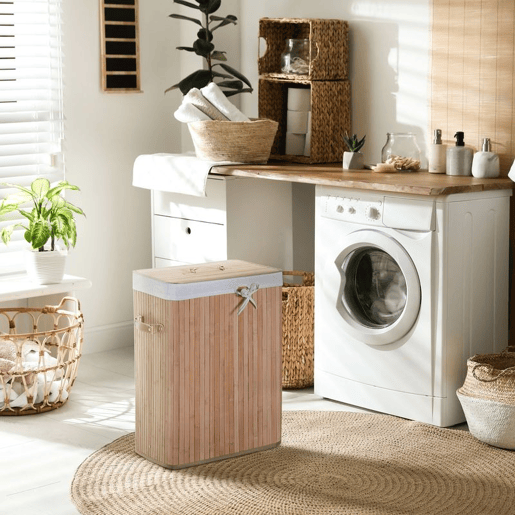 HOMCOM Cesto de Roupa Suja Dobrável com Tampa 67L, Cesto de Roupa de Bambu, 2 Compartimentos, Bolsa Removível, para Quarto, Casa de Banho, Lavandaria, 40x30x60 cm, Natural