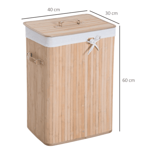 HOMCOM Cesto de Roupa Suja Dobrável com Tampa 67L, Cesto de Roupa de Bambu, 2 Compartimentos, Bolsa Removível, para Quarto, Casa de Banho, Lavandaria, 40x30x60 cm, Natural