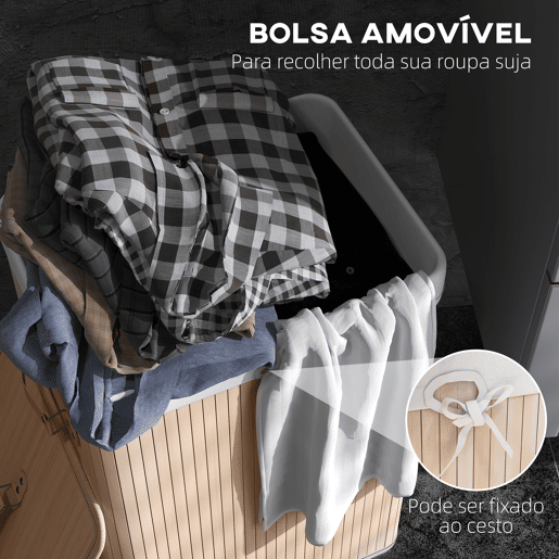HOMCOM Cesto de Roupa Suja Dobrável com Tampa 67L, Cesto de Roupa de Bambu, 2 Compartimentos, Bolsa Removível, para Quarto, Casa de Banho, Lavandaria, 40x30x60 cm, Natural