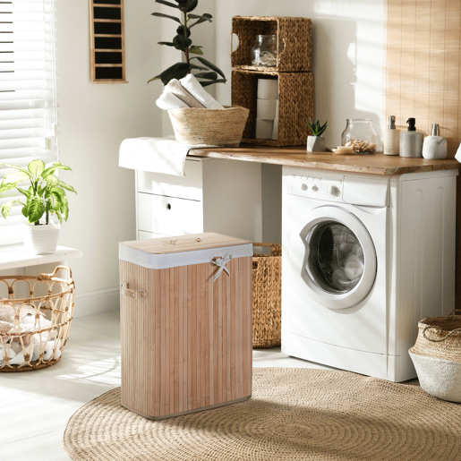 HOMCOM Cesto de Roupa Suja Dobrável com Tampa 67L, Cesto de Roupa de Bambu, 2 Compartimentos, Bolsa Removível, para Quarto, Casa de Banho, Lavandaria, 40x30x60 cm, Natural