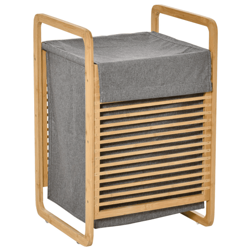HOMCOM Cesto para Roupa Suja de Bambú Cesto Retangular de Roupa Portátil com Tampa e Bolsa Removível Móvel de Casa de Banho Dormitório 40x35,5x60,5cm Cor Natural e Cinza