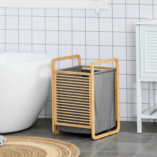 HOMCOM Cesto para Roupa Suja de Bambú Cesto Retangular de Roupa Portátil com Tampa e Bolsa Removível Móvel de Casa de Banho Dormitório 40x35,5x60,5cm Cor Natural e Cinza