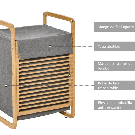 HOMCOM Cesto para Roupa Suja de Bambú Cesto Retangular de Roupa Portátil com Tampa e Bolsa Removível Móvel de Casa de Banho Dormitório 40x35,5x60,5cm Cor Natural e Cinza