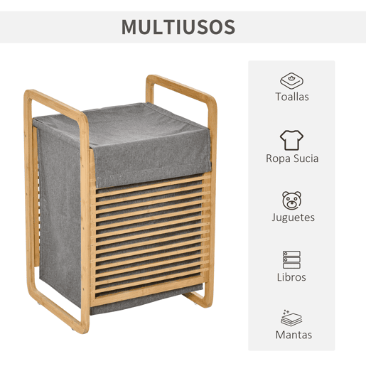 HOMCOM Cesto para Roupa Suja de Bambú Cesto Retangular de Roupa Portátil com Tampa e Bolsa Removível Móvel de Casa de Banho Dormitório 40x35,5x60,5cm Cor Natural e Cinza