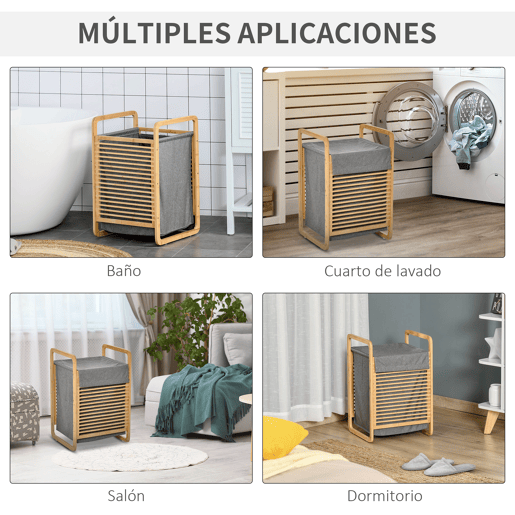 HOMCOM Cesto para Roupa Suja de Bambú Cesto Retangular de Roupa Portátil com Tampa e Bolsa Removível Móvel de Casa de Banho Dormitório 40x35,5x60,5cm Cor Natural e Cinza