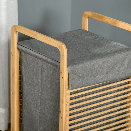 HOMCOM Cesto para Roupa Suja de Bambú Cesto Retangular de Roupa Portátil com Tampa e Bolsa Removível Móvel de Casa de Banho Dormitório 40x35,5x60,5cm Cor Natural e Cinza
