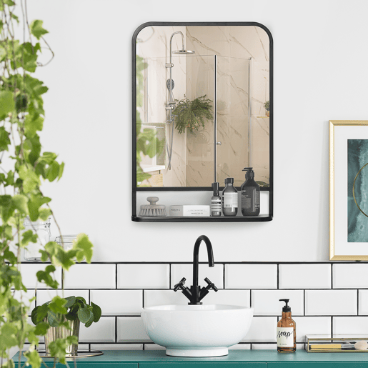HOMCOM Espelho Decorativo de Parede 70x50cm Espelho Retangular de Metal com Prateleira de Armazenamento para Sala de Estar Dormitório Entrada Estilo Moderno Preto