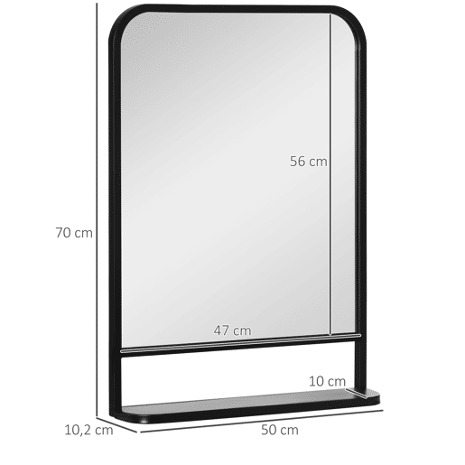 HOMCOM Espelho Decorativo de Parede 70x50cm Espelho Retangular de Metal com Prateleira de Armazenamento para Sala de Estar Dormitório Entrada Estilo Moderno Preto