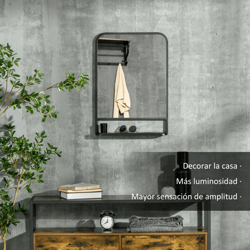 HOMCOM Espelho Decorativo de Parede 70x50cm Espelho Retangular de Metal com Prateleira de Armazenamento para Sala de Estar Dormitório Entrada Estilo Moderno Preto