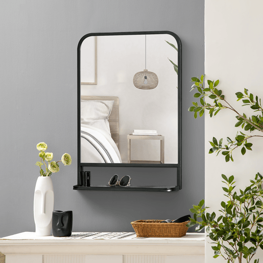 HOMCOM Espelho Decorativo de Parede 70x50cm Espelho Retangular de Metal com Prateleira de Armazenamento para Sala de Estar Dormitório Entrada Estilo Moderno Preto