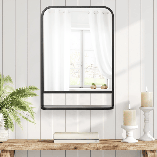 HOMCOM Espelho Decorativo de Parede 70x50cm Espelho Retangular de Metal com Prateleira de Armazenamento para Sala de Estar Dormitório Entrada Estilo Moderno Preto