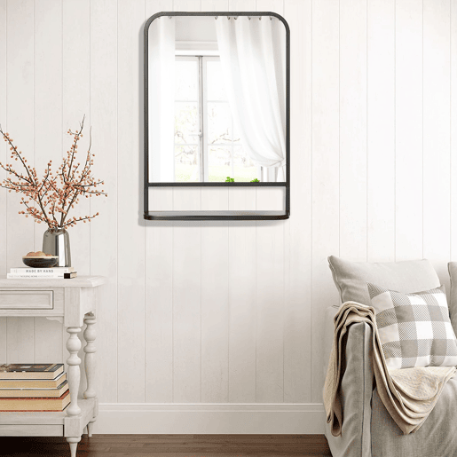 HOMCOM Espelho Decorativo de Parede 70x50cm Espelho Retangular de Metal com Prateleira de Armazenamento para Sala de Estar Dormitório Entrada Estilo Moderno Preto