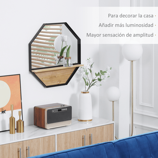 HOMCOM Espelho Decorativo de Parede 61x61cm Espelho Octógono com Prateleira de Armazenamento para Sala de Estar Dormitório Entrada Preto