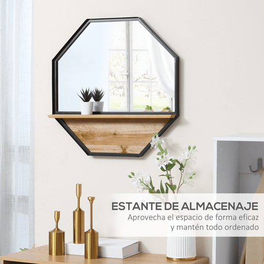 HOMCOM Espelho Decorativo de Parede 61x61cm Espelho Octógono com Prateleira de Armazenamento para Sala de Estar Dormitório Entrada Preto