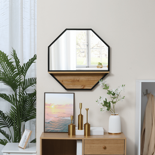 HOMCOM Espelho Decorativo de Parede 61x61cm Espelho Octógono com Prateleira de Armazenamento para Sala de Estar Dormitório Entrada Preto