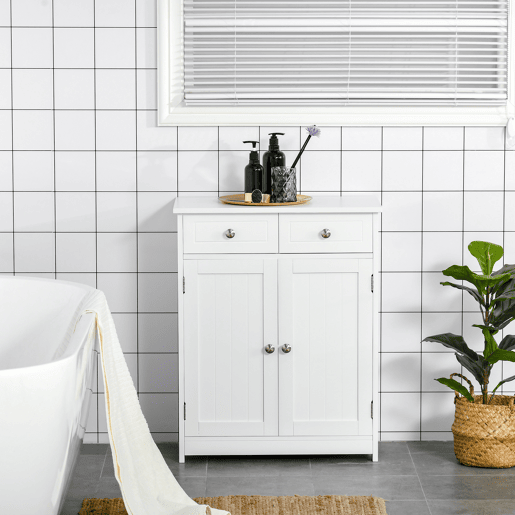 kleankin Armário Auxiliar Casa de Banho Móvel Auxiliar de Casa de Banho com 2 Gavetas 2 Portas e Prateleira Ajustável Estilo Moderno para Duche Dormitório 60x30x75cm Branco