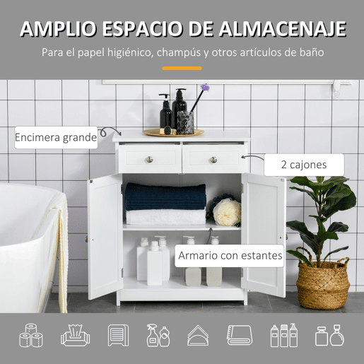 kleankin Armário Auxiliar Casa de Banho Móvel Auxiliar de Casa de Banho com 2 Gavetas 2 Portas e Prateleira Ajustável Estilo Moderno para Duche Dormitório 60x30x75cm Branco