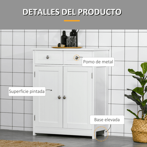 kleankin Armário Auxiliar Casa de Banho Móvel Auxiliar de Casa de Banho com 2 Gavetas 2 Portas e Prateleira Ajustável Estilo Moderno para Duche Dormitório 60x30x75cm Branco